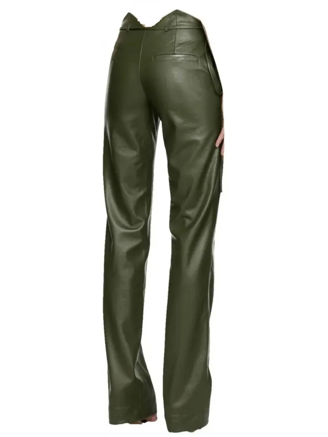 Green Leather Trousers with Notched Waist & Adjustable Tie – Stylish & Versatile