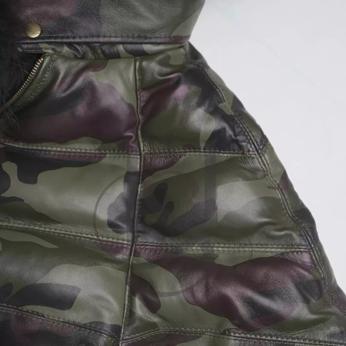 Olive green leather V-bomber with fur collar