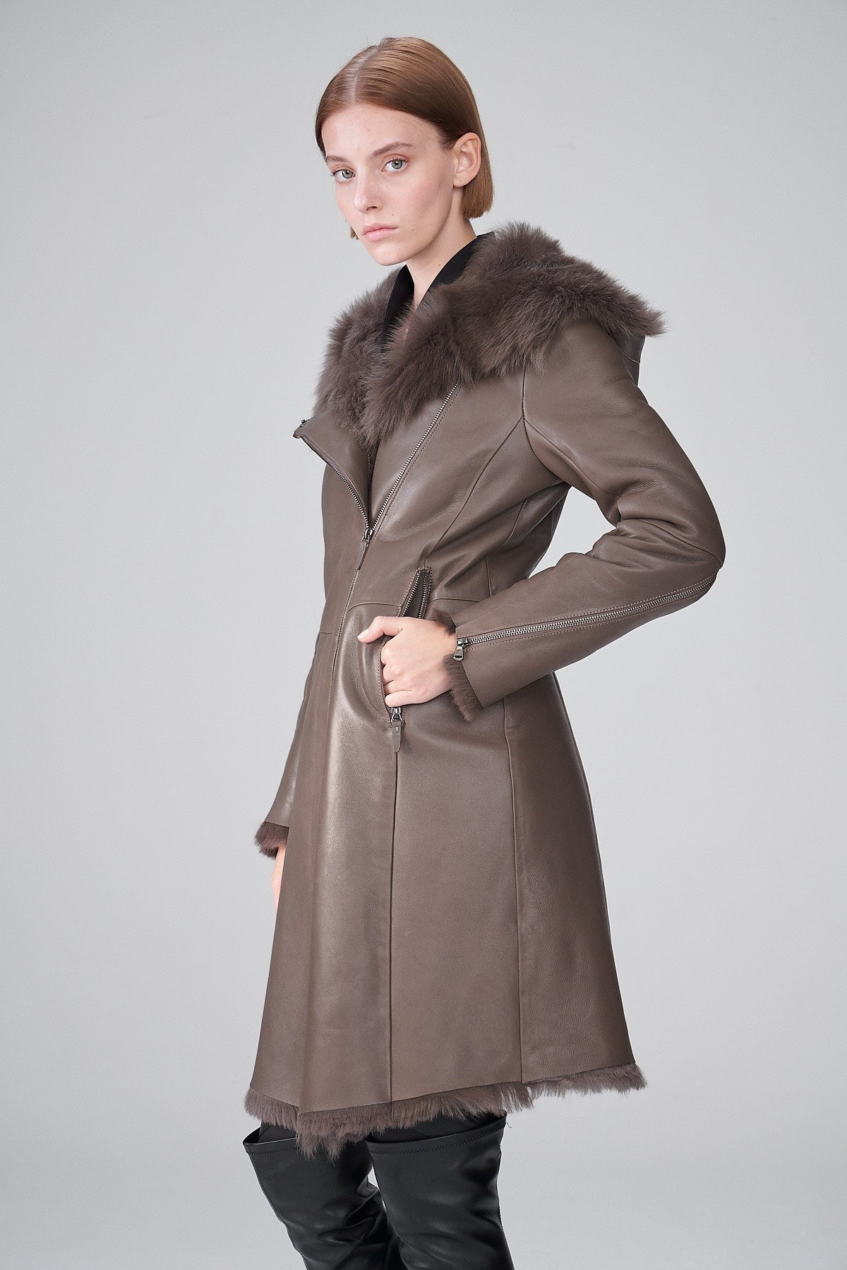 Women's Dark Brown Shearling Leather Trench Coat