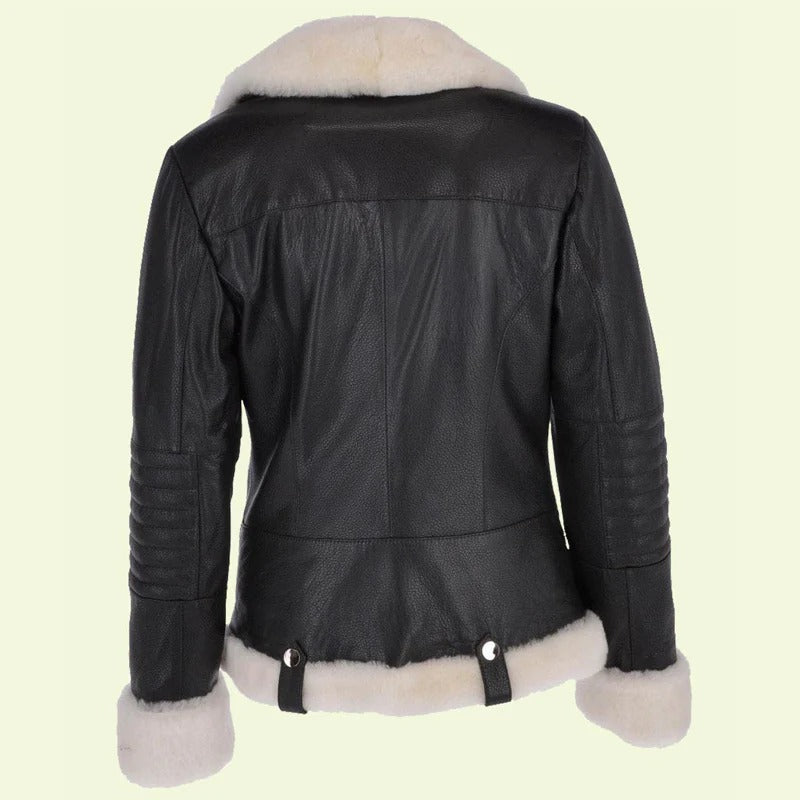 Women’s Black Biker Shearling Leather Jacket – White Fur Lining