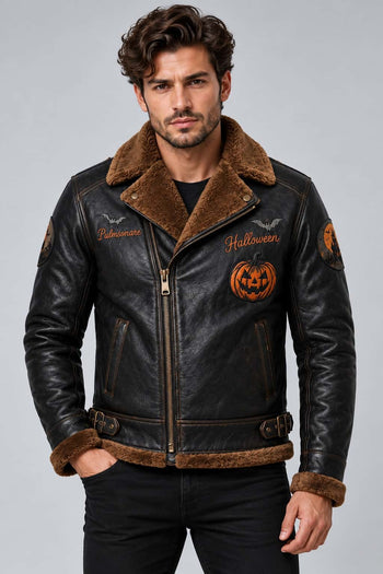 Men's black sheepskin Halloween embroidered leather biker jacket with bats and pumpkin embroidery