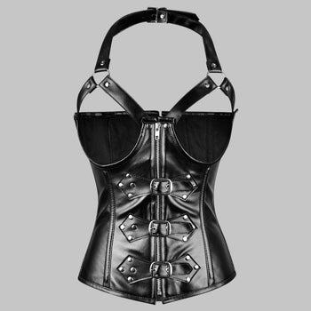 Black real leather halter corset top with buckled front zip, styled for a gothic Halloween party outfit