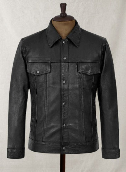 Men's Black Leather Trucker Jacket Classic Rugged Style