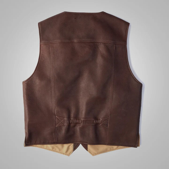 Brown Men’s Multi-Pocket Style Buckskin Leather Vest - Premium Quality Functional Leather Vest Avanzar Leather