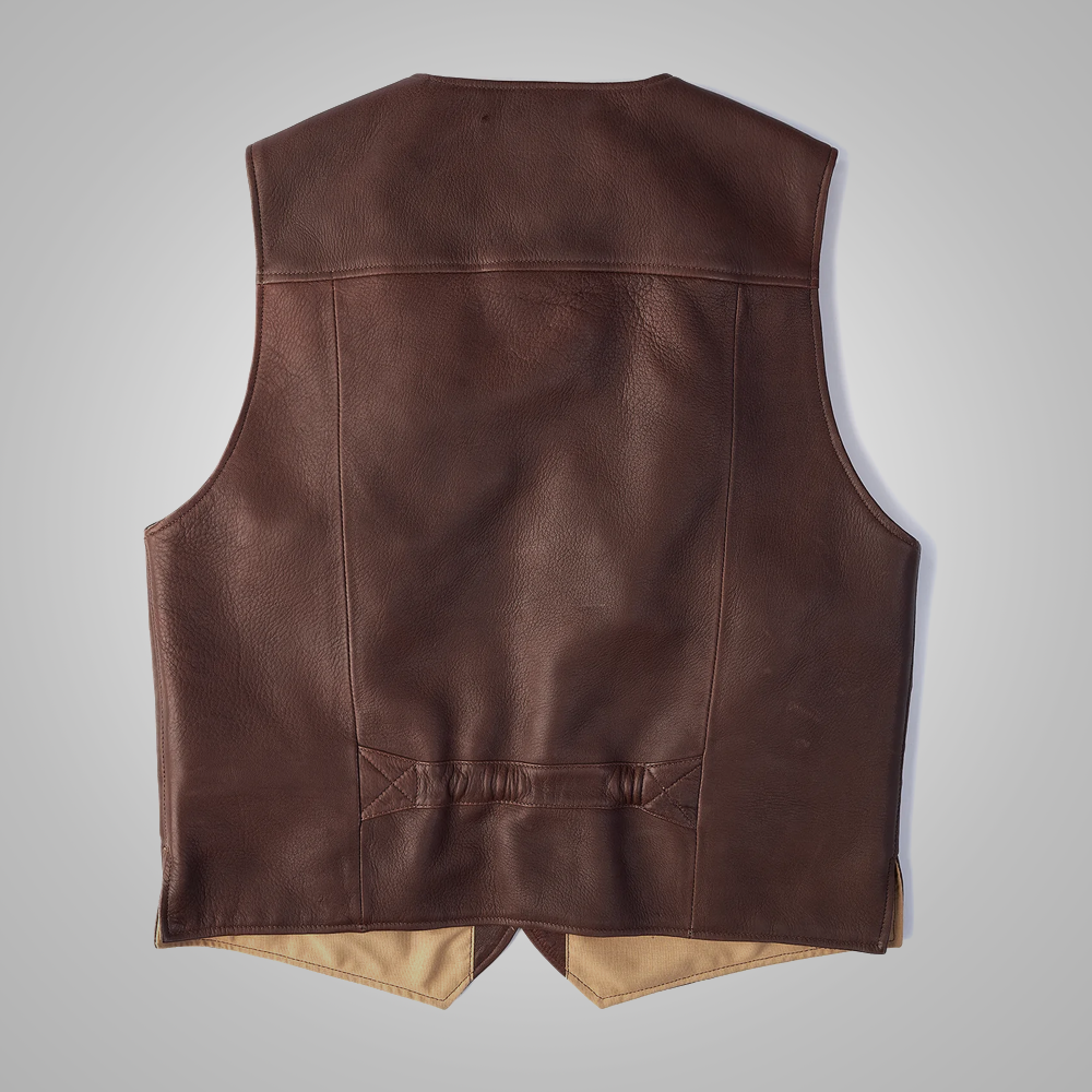 Brown Men’s Multi-Pocket Buckskin Leather Vest