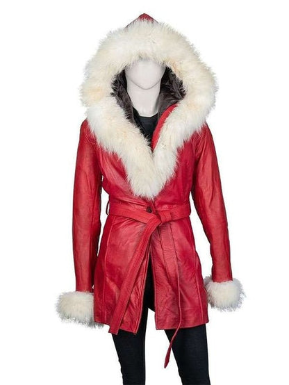 Women's Red Leather Santa Claus Coat with White Fur Trim