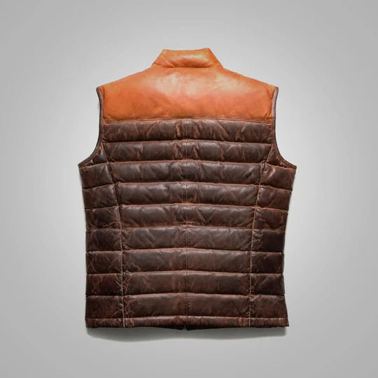 Men's Brown Genuine Bubble Leather Down Vest - Premium Quality Insulated Leather Vest Avanzar Leather