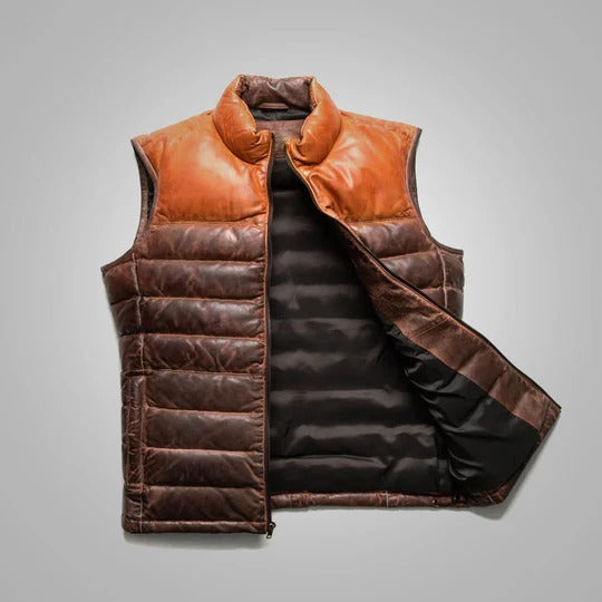 Men's Brown Genuine Bubble Leather Down Vest - Premium Quality Insulated Leather Vest Avanzar Leather