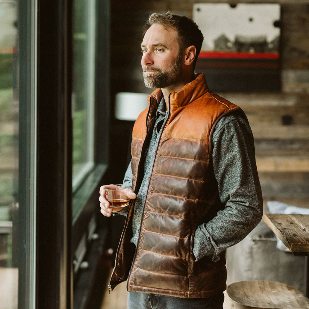 Men’s Brown Genuine Bubble Leather Down Vest