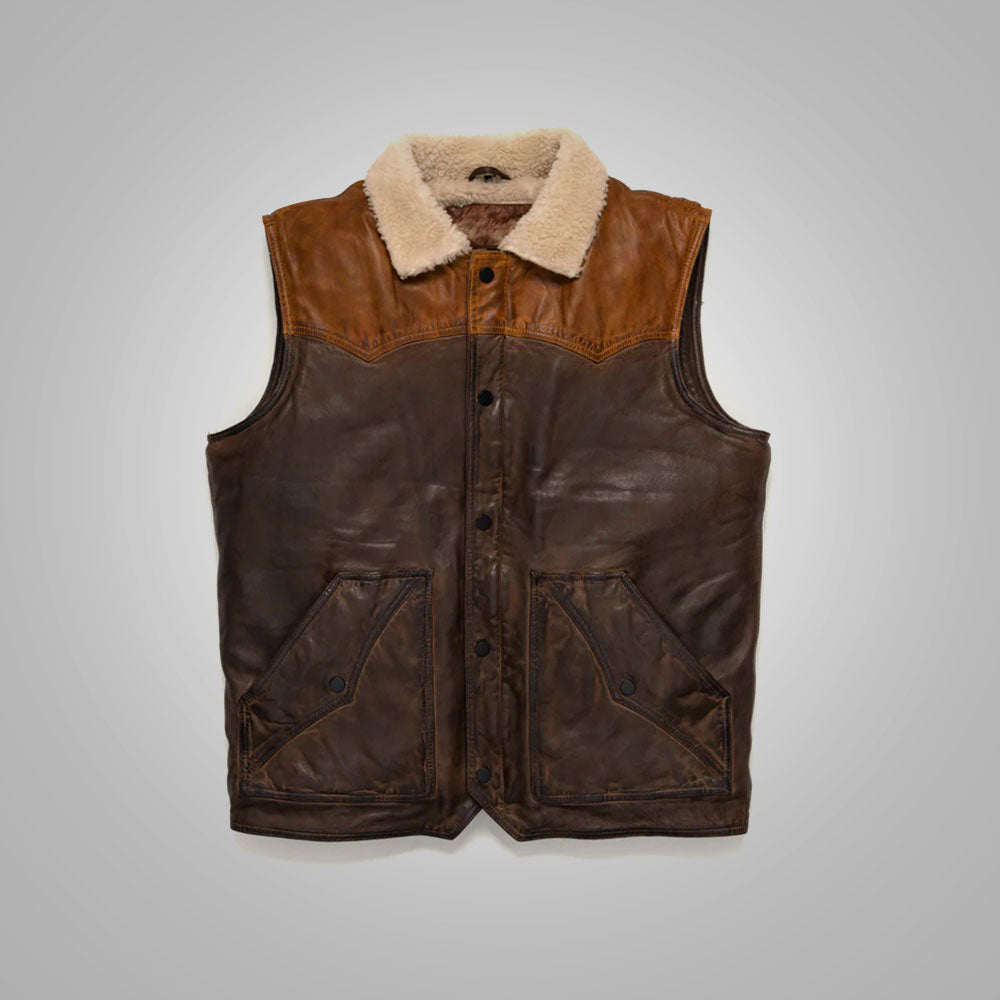 Men’s Brown Shearling Fur Sheepskin Leather Vest