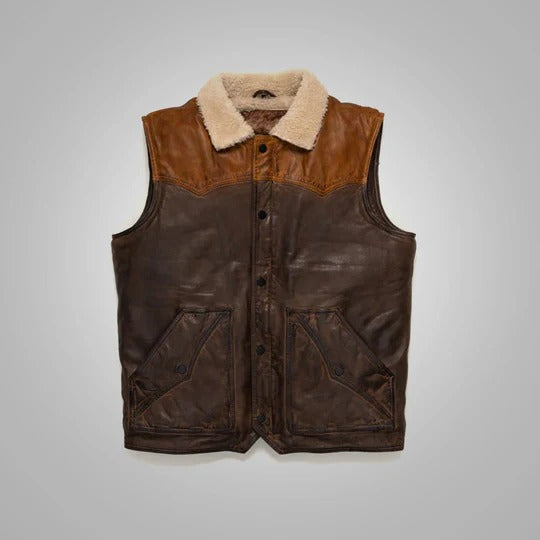 Men's Brown Shearling Fur Sheepskin Leather Vest - Premium Quality Warm Leather Vest Avanzar Leather