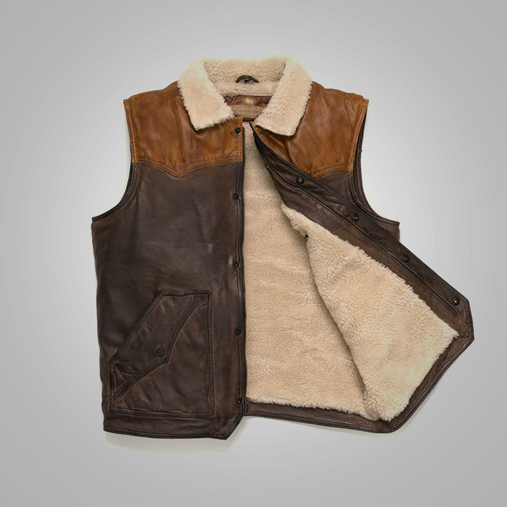 Men’s Brown Shearling Fur Sheepskin Leather Vest