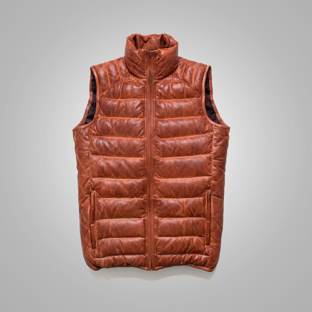 Brown Men’s Shearling Bubble Leather Down Vest