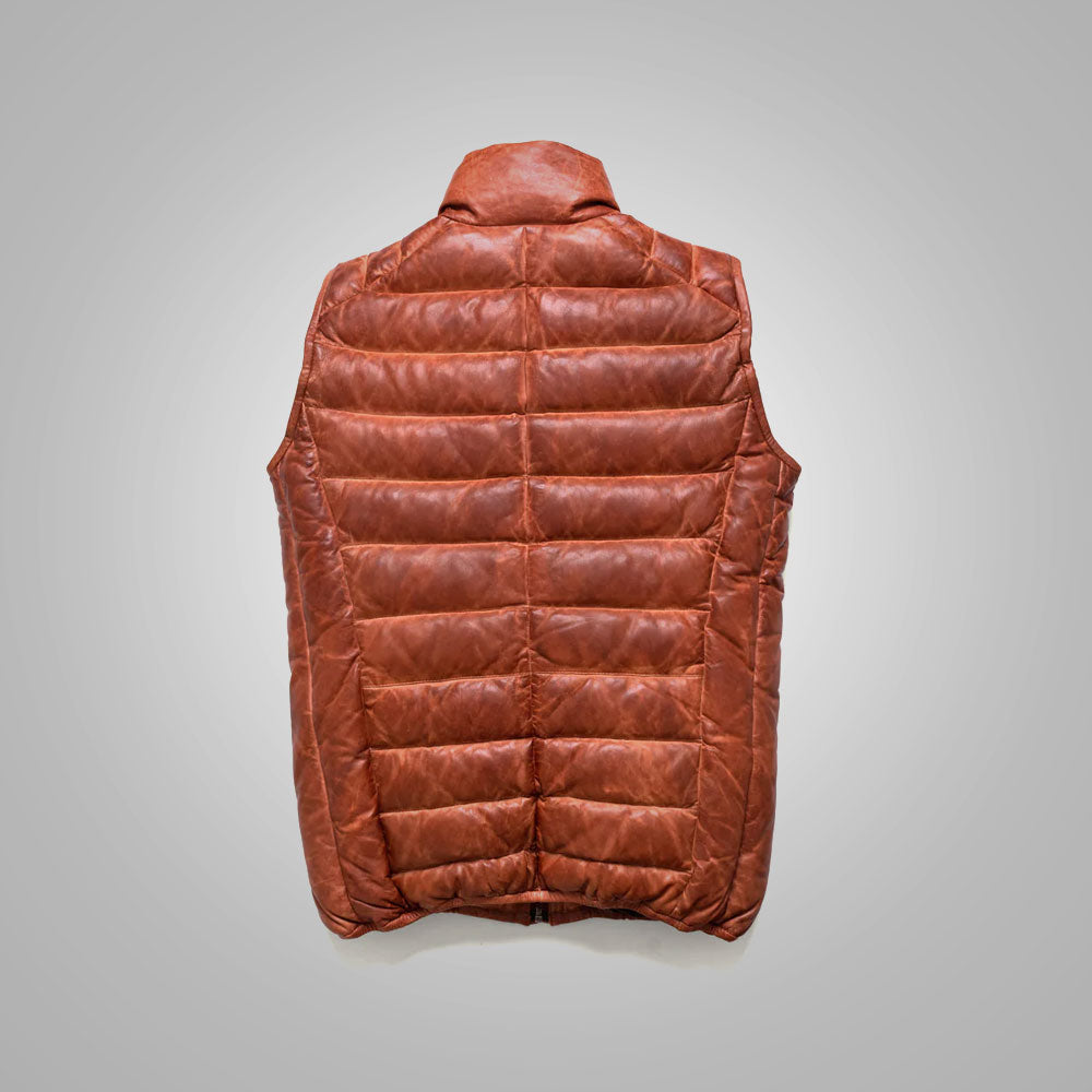 Brown Men’s Shearling Bubble Leather Down Vest