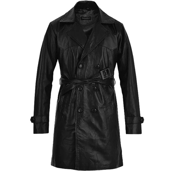 Men’s Black Double-Breasted Leather Trench Coat