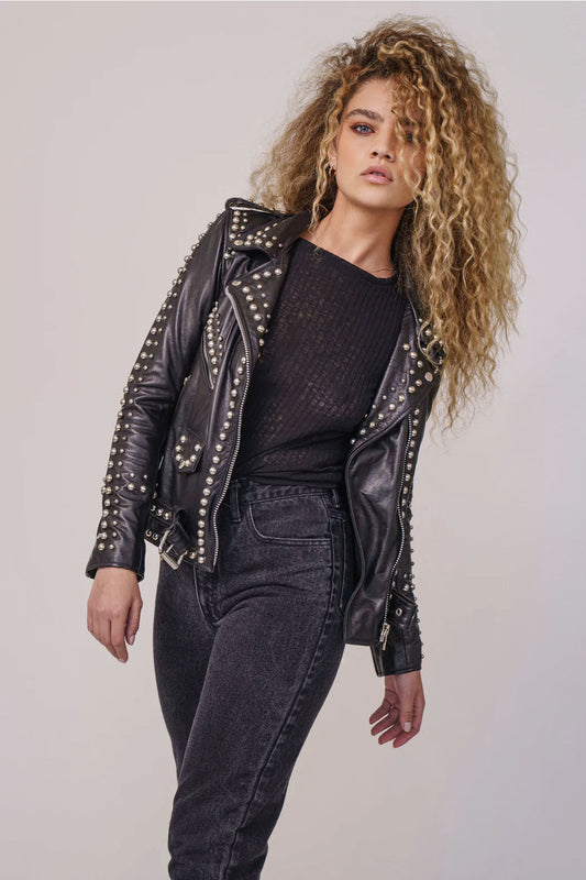 Women’s Black Silver Spiked Studded Leather Biker Jacket