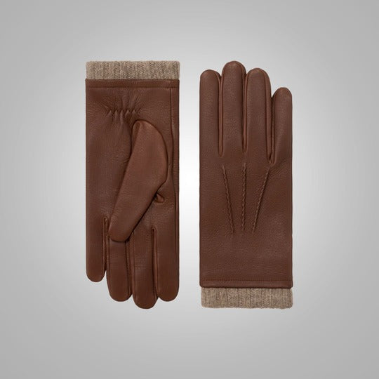 Men's Brown American Sheepskin Leather Gloves with Cashmere Lining