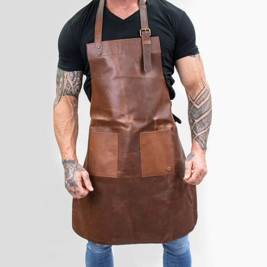 New Men's Brown Sheepskin Double-Pocket Leather Apron