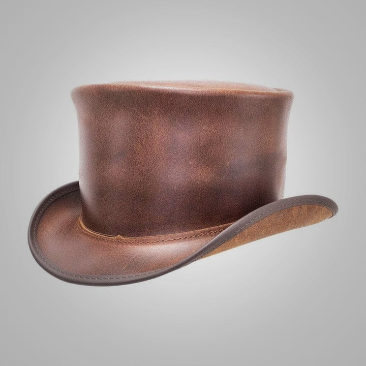 Women’s New Sheepskin Brown Leather Top Hat Unbanded