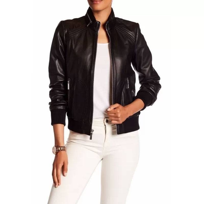 Women’s Genuine Lambskin Black Leather Bomber Jacket