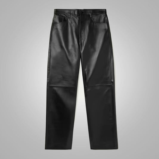 Men's Real Black Sheepskin Fashion Leather Jeans