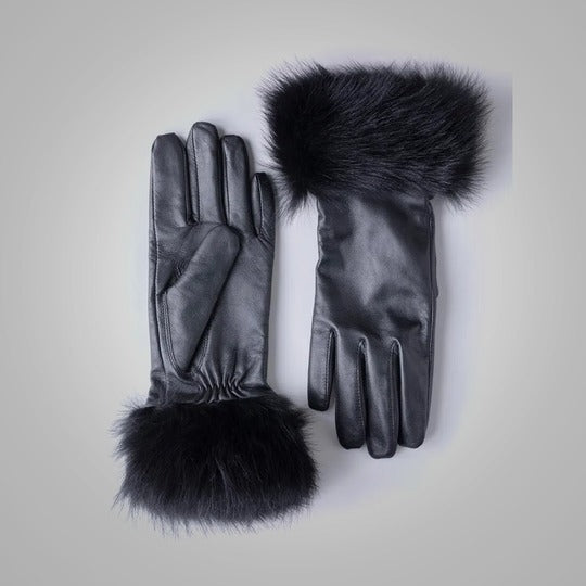 New Women Black Sheepskin Leather Gloves With Black Fur Lining