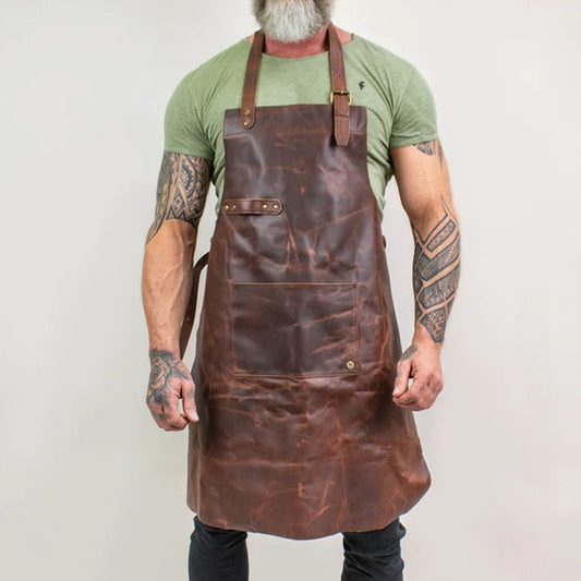 New Men's Classic Brown Leather Apron with Spacious Front Tool Pocket