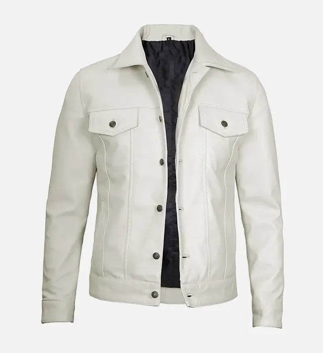 Avanzar Men’s Off-White Leather Trucker Jacket