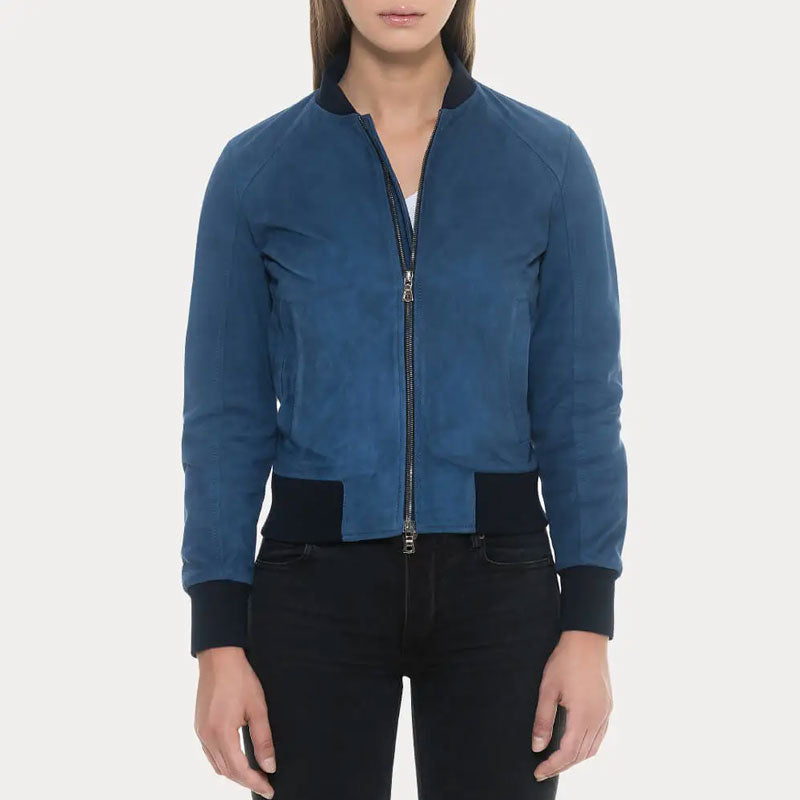 Blue Suede Bomber Jacket with Black Rib Knit Collar & Cuffs