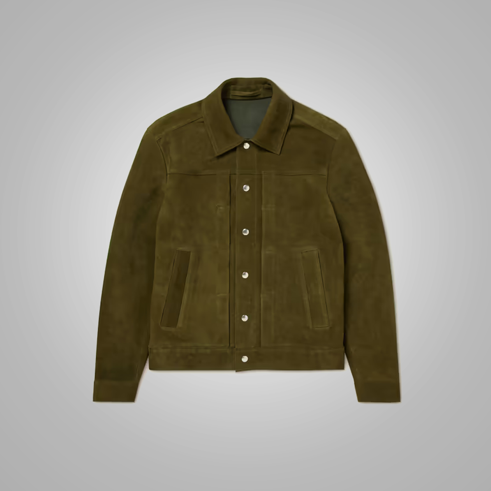 Men's Olive Green Lambskin Leather Trucker Jacket