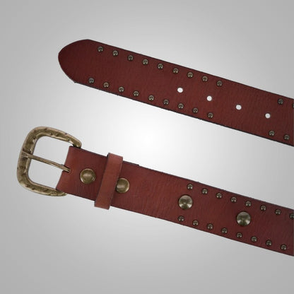 New Women's Bridle Leather Belt with Antique Brass Studs