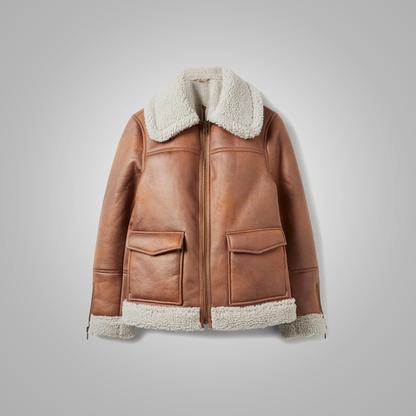 Women’s Brown Sheepskin Shearling Leather Aviator Jacket