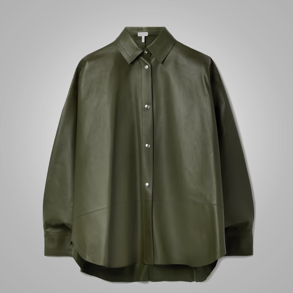 New Women's Green Soft Leather Shirt with Smart Collar