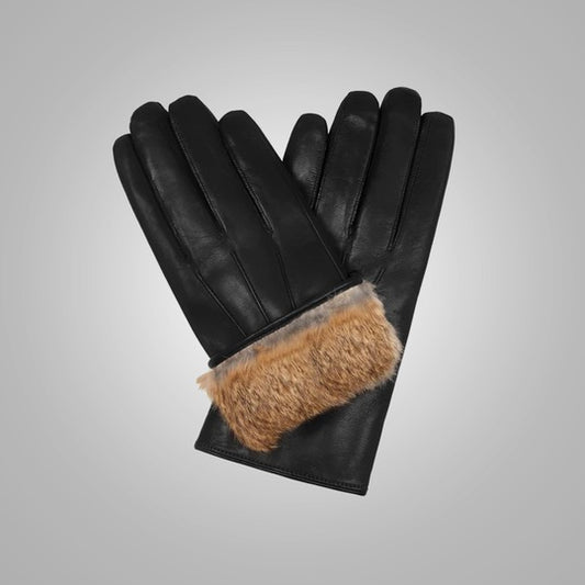 Men's Black Lambskin Leather Gloves with Brown Fur Lining