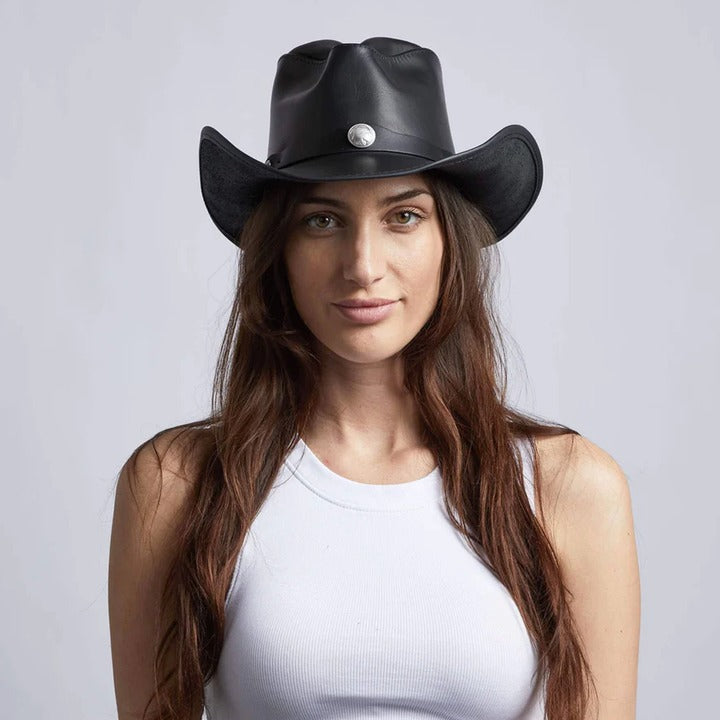 New Black Women’s American Sheepskin Leather Cowgirl Hat