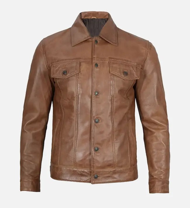 Avanzar Men’s Camel Trucker Leather Jacket