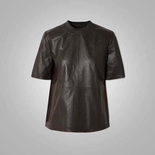 Women's Half-Sleeve Smooth Soft Chocolate Leather Shirt