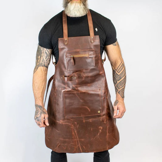 Men's Brown Lambskin Cross-Back Leather Apron