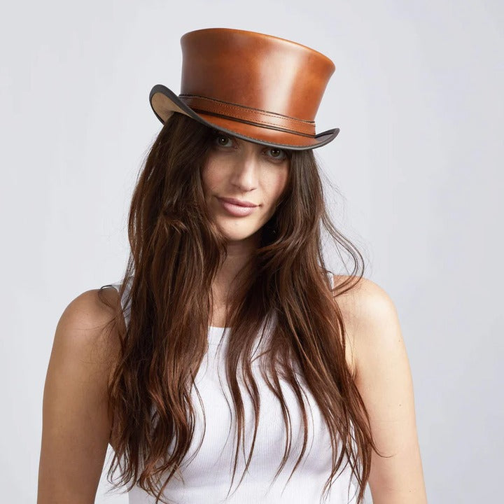 New Western Cowboy Lambskin Leather Hat in Shine Brown for Women