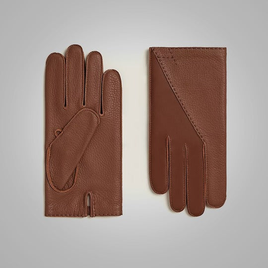 Men's Brown Hand-Sewn Genuine Leather Winter Gloves with Perfect Stretch