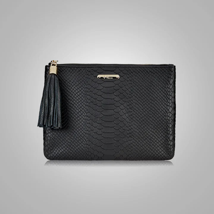 Black Embossed Python Genuine Leather Clutch with Fur for Women