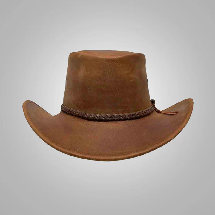 Men’s Handmade Brown Leather Cowboy Hat - Western Style