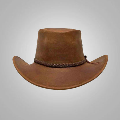 Men’s Handmade Brown Leather Cowboy Hat - Western Style