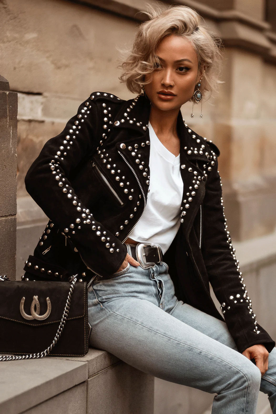 Women’s Silver Studded Black Suede Leather Jacket