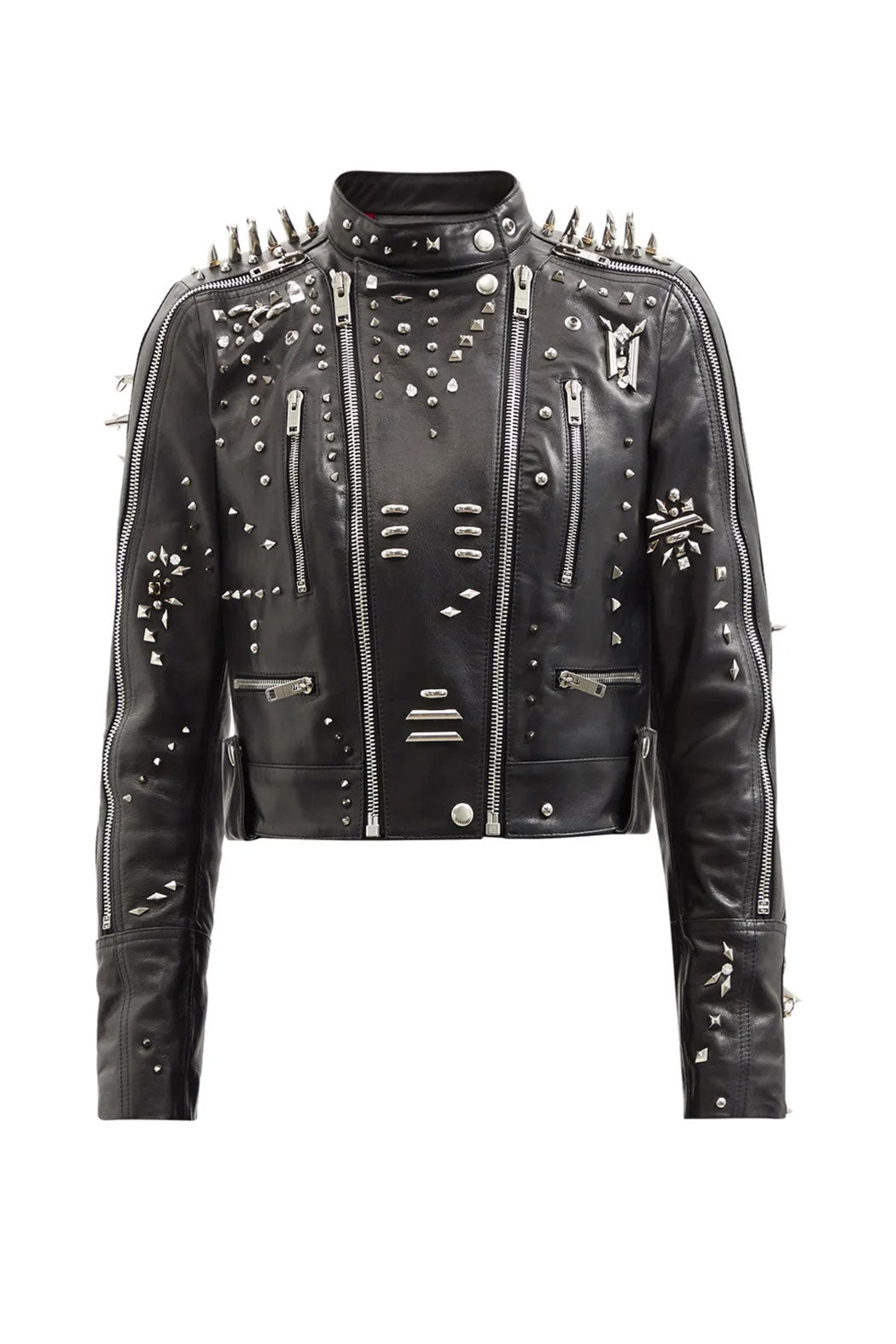 Black Women’s Long Silver Spiked Studded Motorcycle Leather Jacket