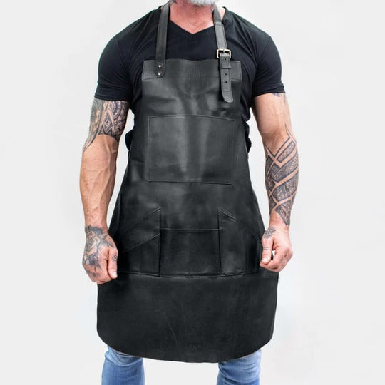 New Men's Black Handmade Premium Leather Multi-Pocket Apron