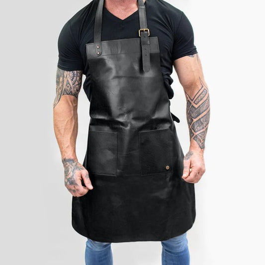 New Men's Black Sheepskin Handmade Double-Pocket Leather Apron