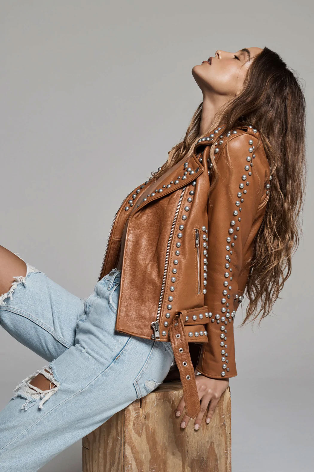 Brown Women's Fashion Leather Jacket with Silver Spiked Studs