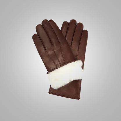 Men's Brown Lambskin Leather Gloves with White Fur Lining