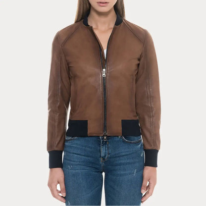 Sugar Brown Lambskin Soft Leather Bomber Jacket